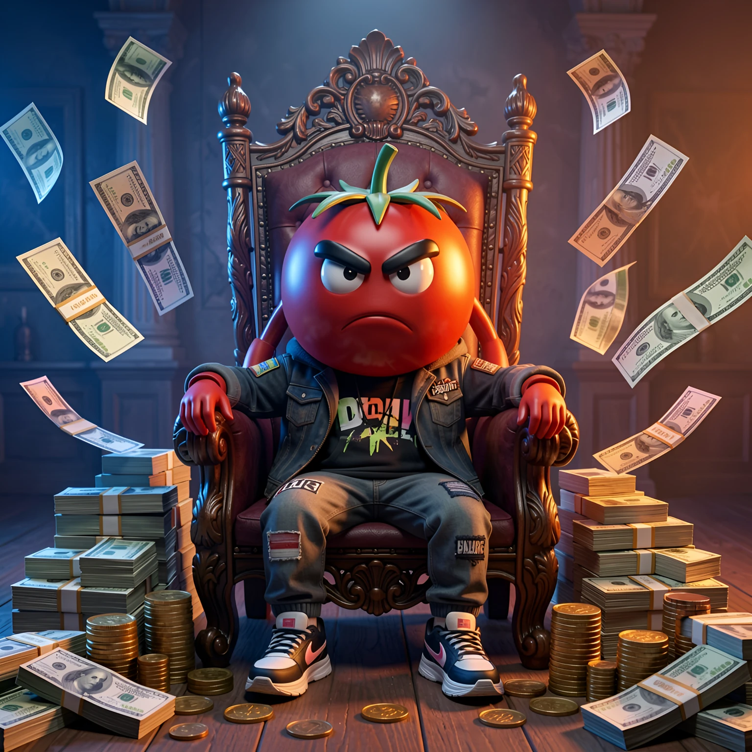 Mascot on throne with money and coins