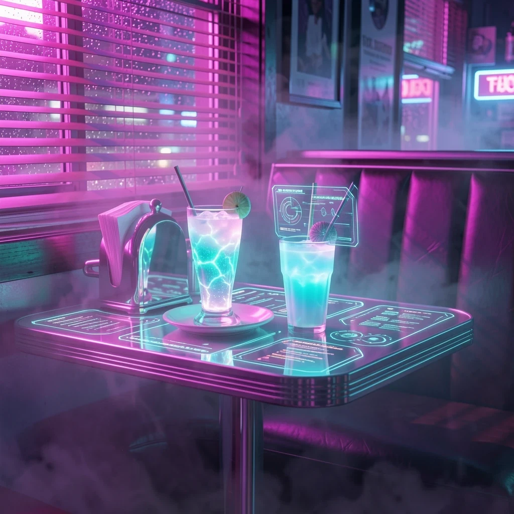 Edited result: cyberpunk neon cafe with glowing drinks and holographic reflections