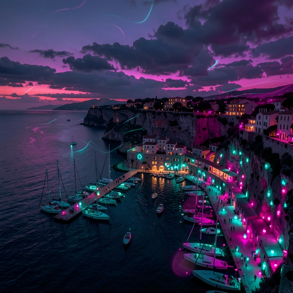 Edited result: same harbor transformed into a luminous bioluminescent night scene