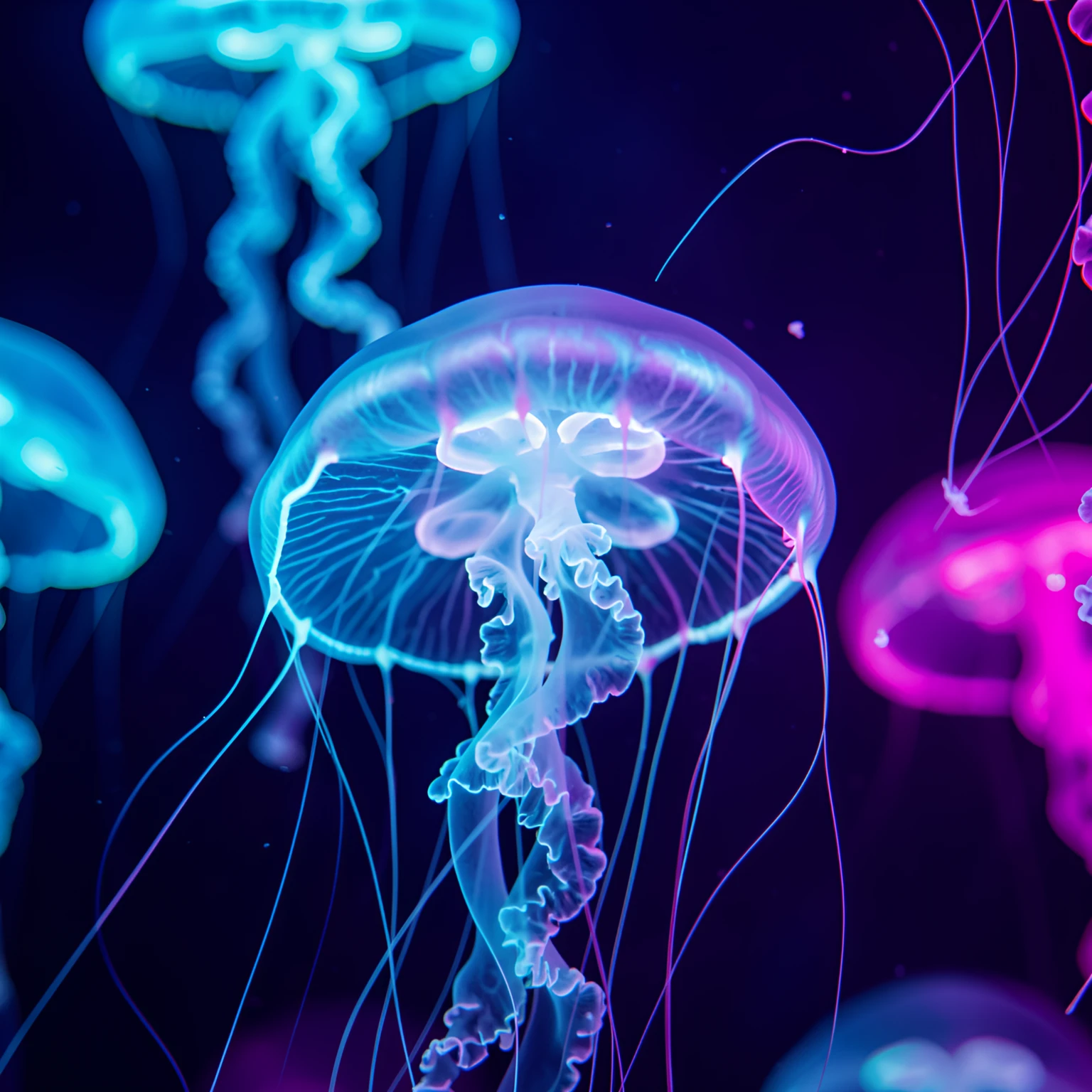 Reference image: glowing bioluminescent jellyfish with cyan and magenta light