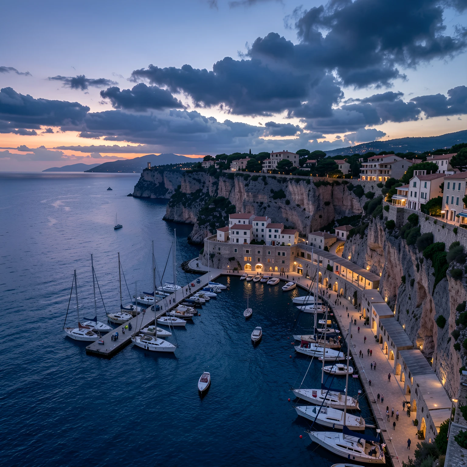 Edit source: cinematic cliffside harbor at blue hour with yachts and dramatic clouds