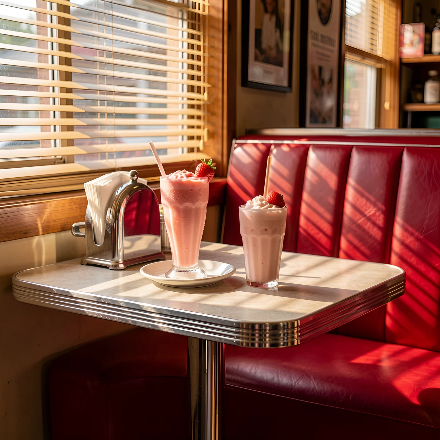 Edit source: vintage diner booth with strawberry milkshakes in warm sunlight