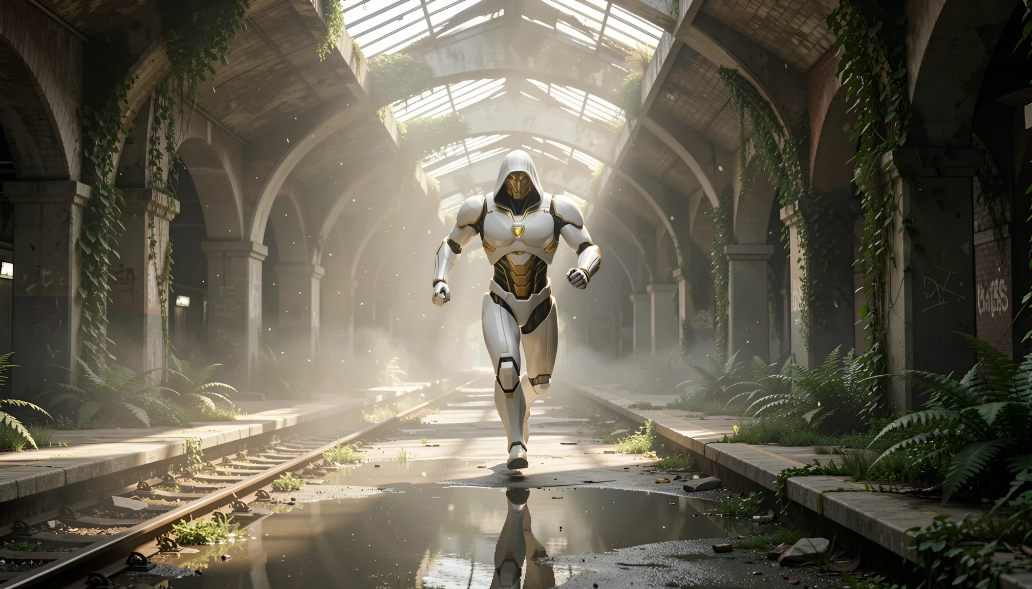 Example image output: android courier in an overgrown subway station