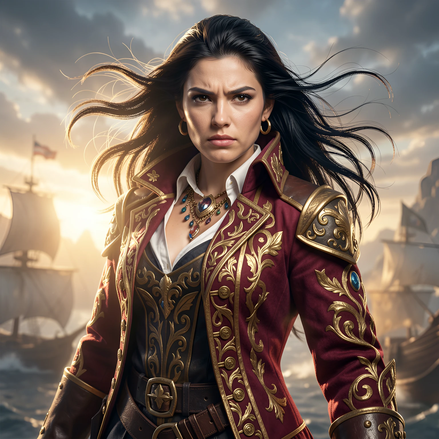 Reference character: crimson-coated sky-pirate captain with windswept hair