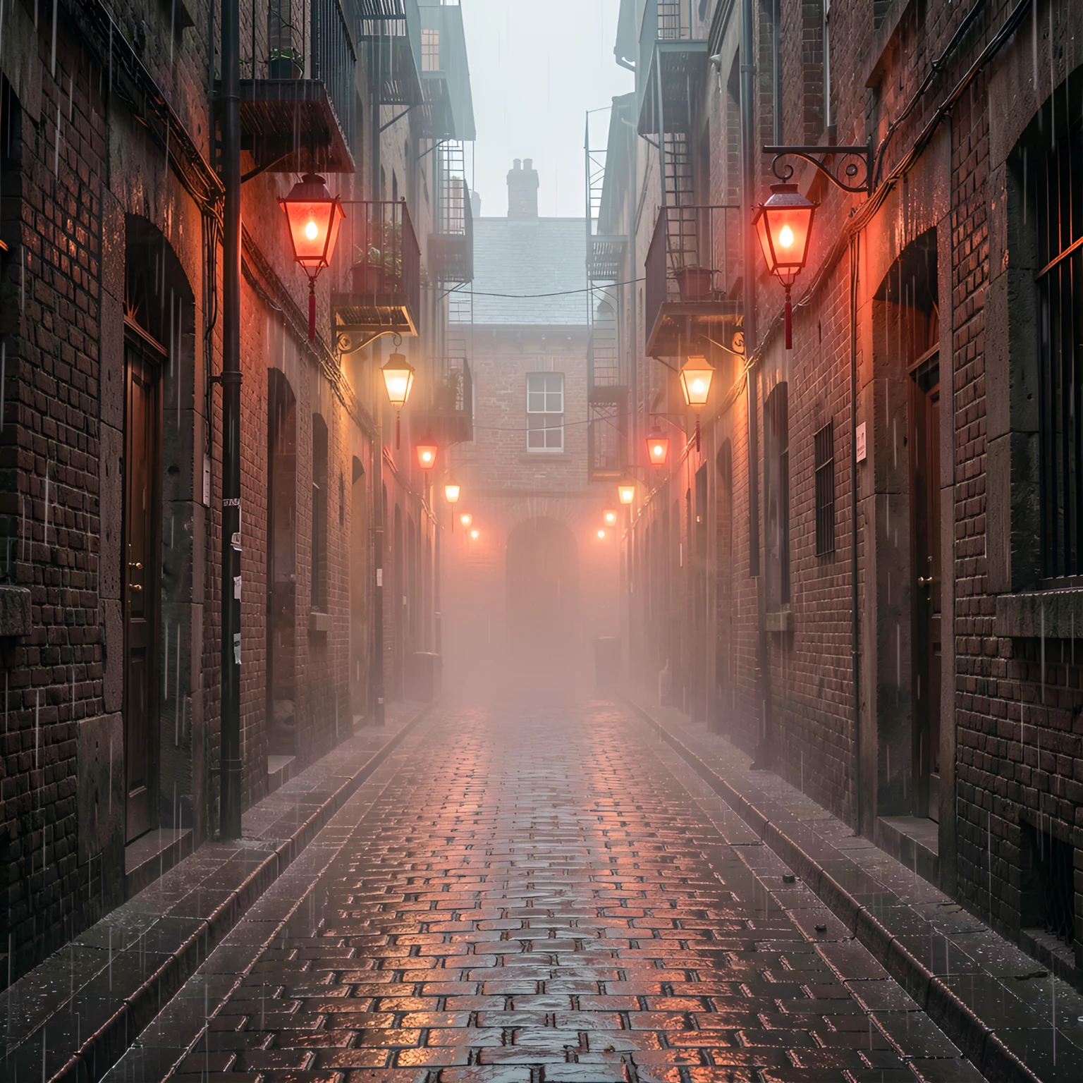 Reference environment: rain-soaked lantern alley with warm glow and mist