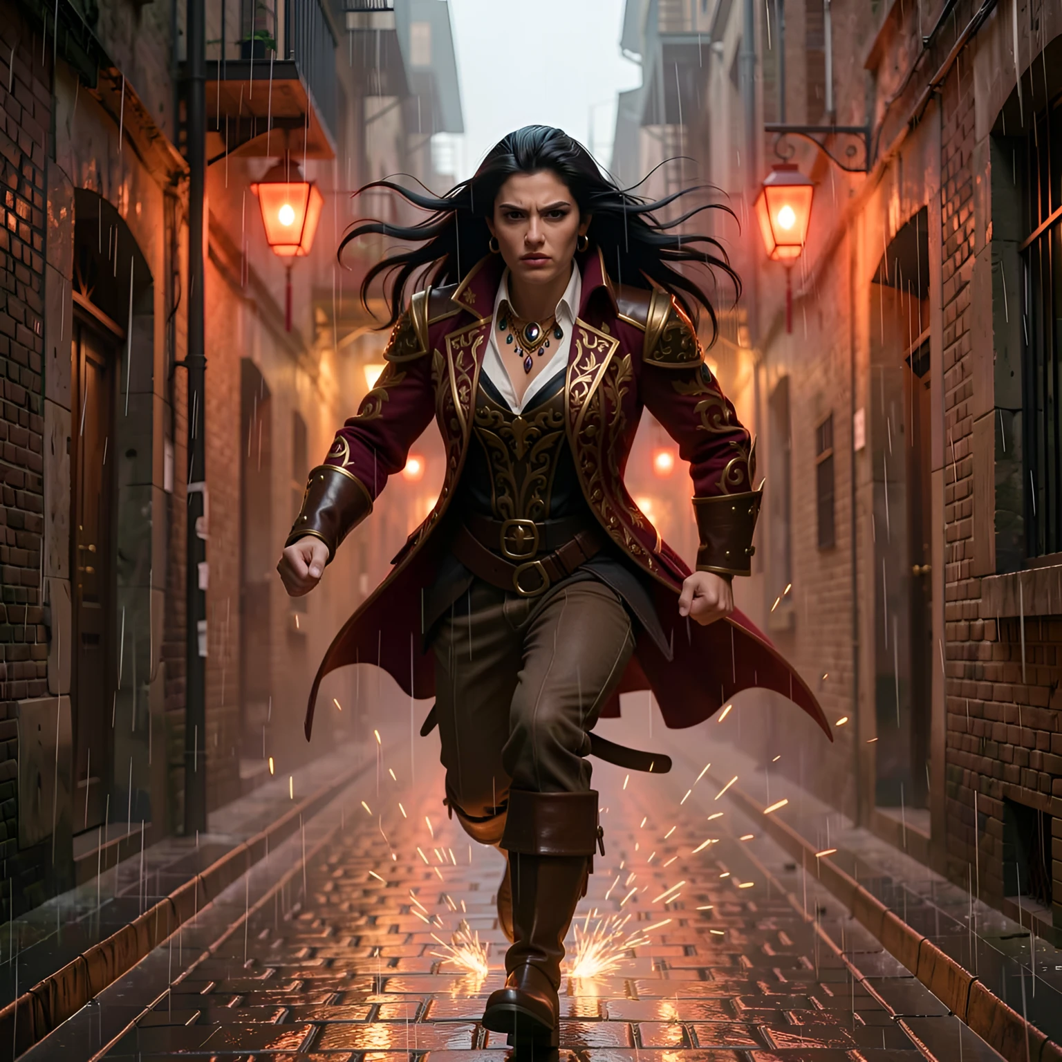 Output: sky-pirate captain sprinting through a lantern-lit rainy alley