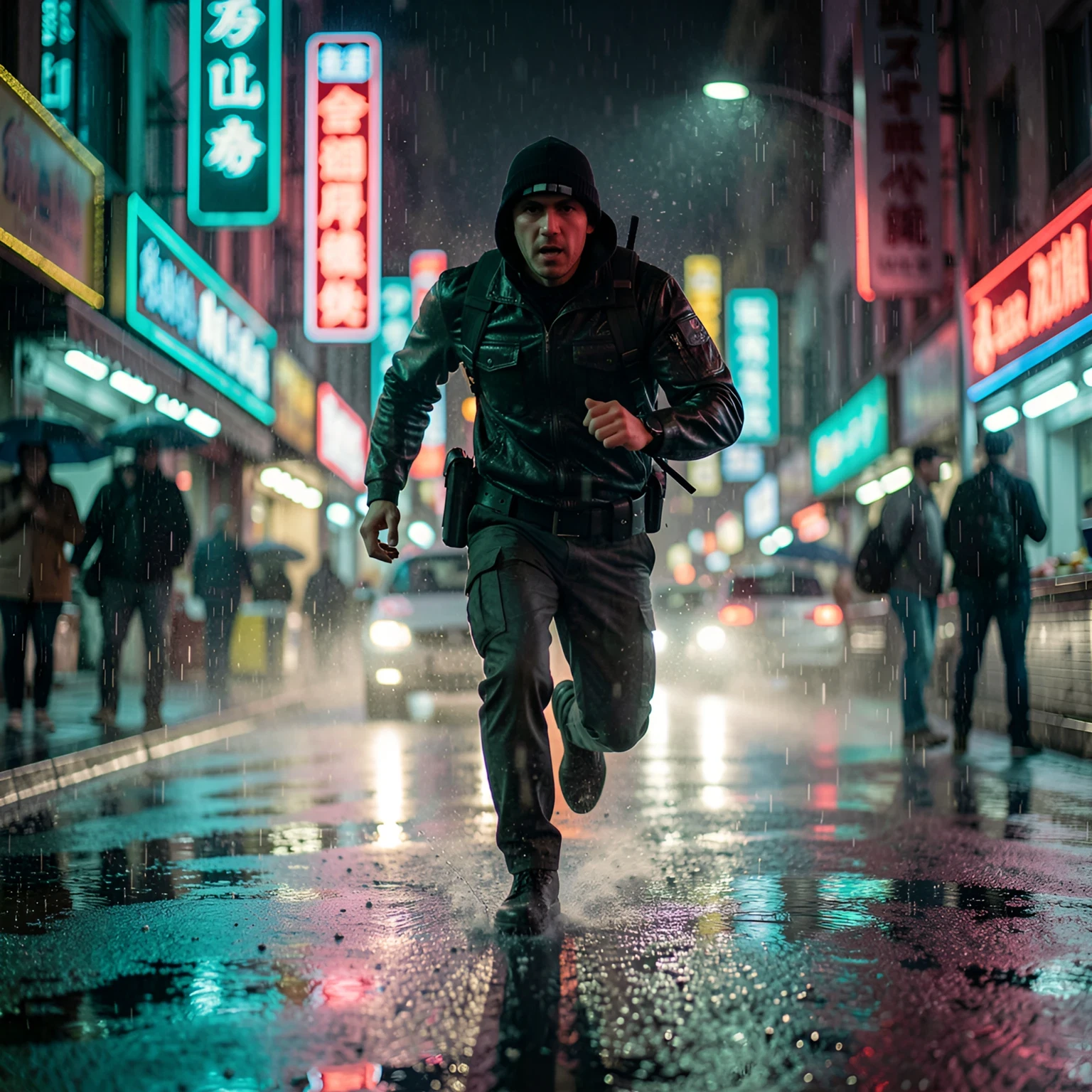 1.5x upscaled: courier sprinting through a neon street in rain with enhanced detail