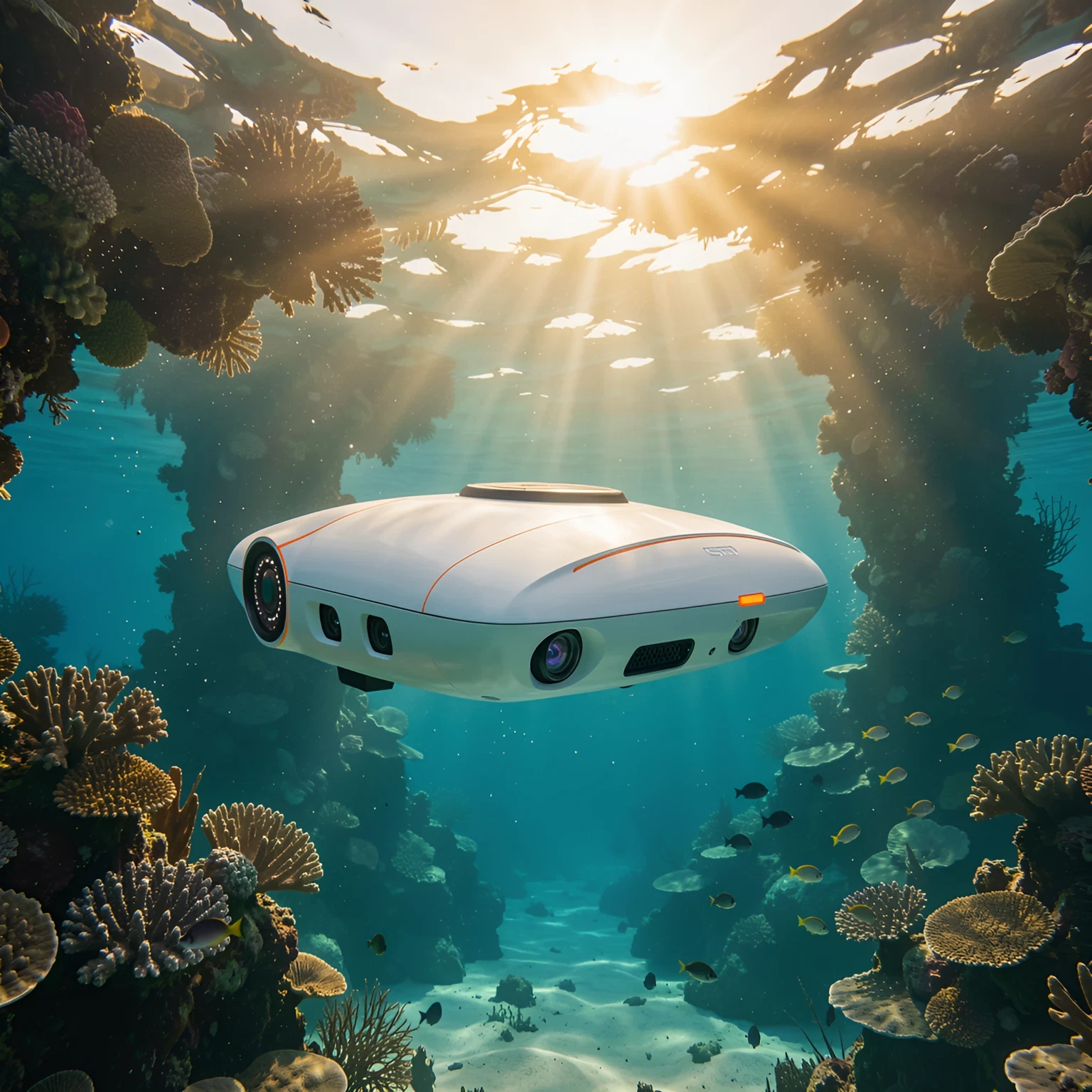 Text-to-image output: autonomous ocean research drone gliding through coral arches at sunrise