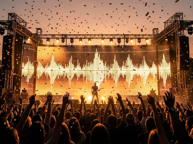 Audio showcase artwork with a waveform-lit festival stage and cheering crowd