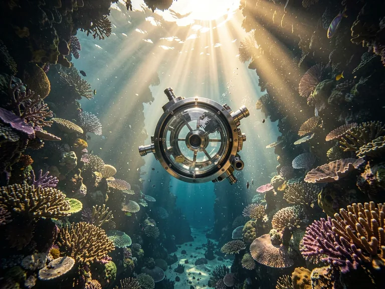 Generated image example: premium reef-probe concept render in a sunlit coral cathedral